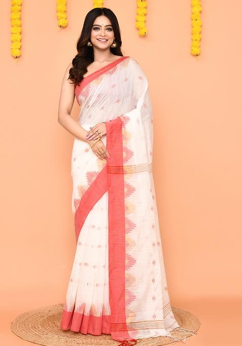 White Handloom Cotton Blend Saree Set