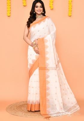 White Handloom Cotton Blend Saree Set