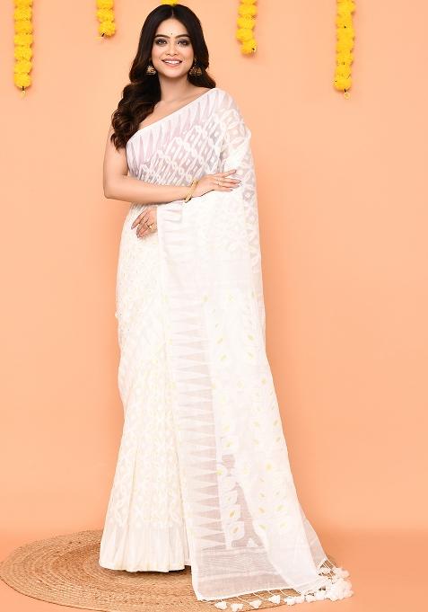 White Jamdani Cotton Blend Saree Set