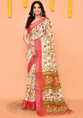 Off White Printed Cotton Saree Set