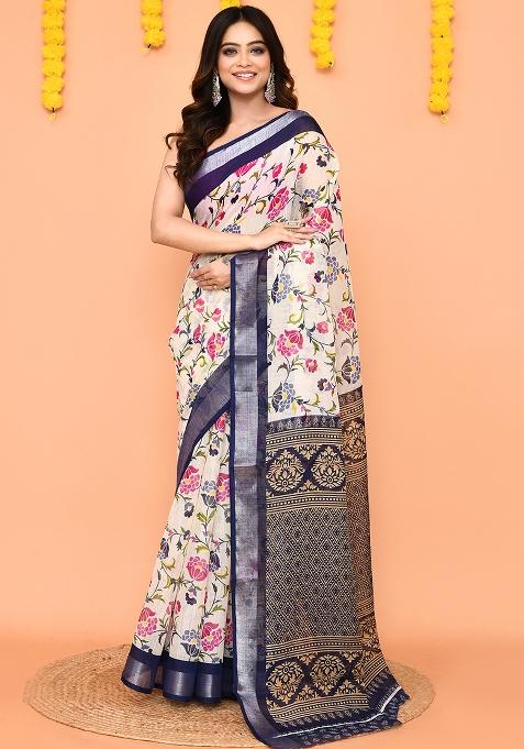 Off White Printed Cotton Saree Set