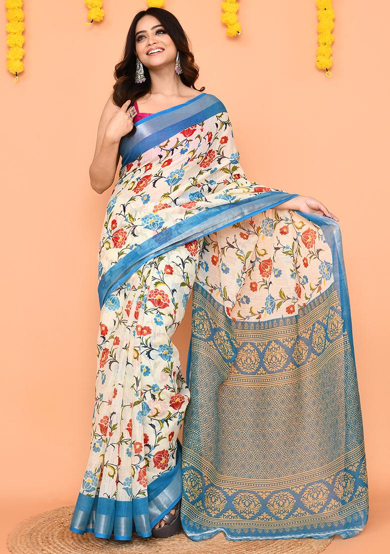 Off White Printed Cotton Saree Set - Indya