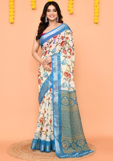 Off White Printed Cotton Saree Set