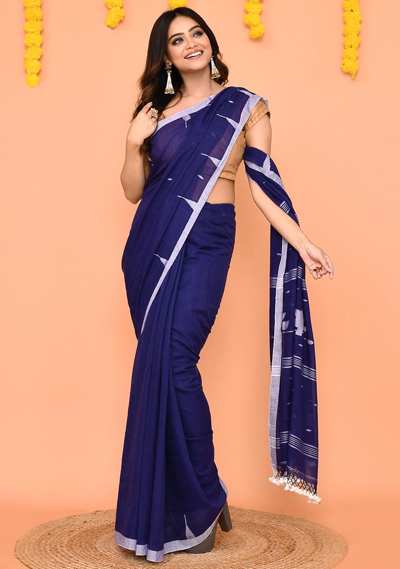 Blue Jamdani Mul Cotton Saree Set - Indya