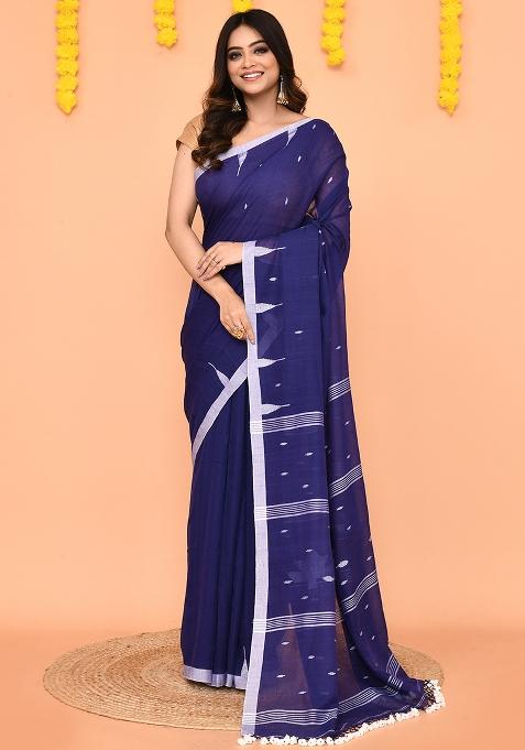Blue Jamdani Mul Cotton Saree Set