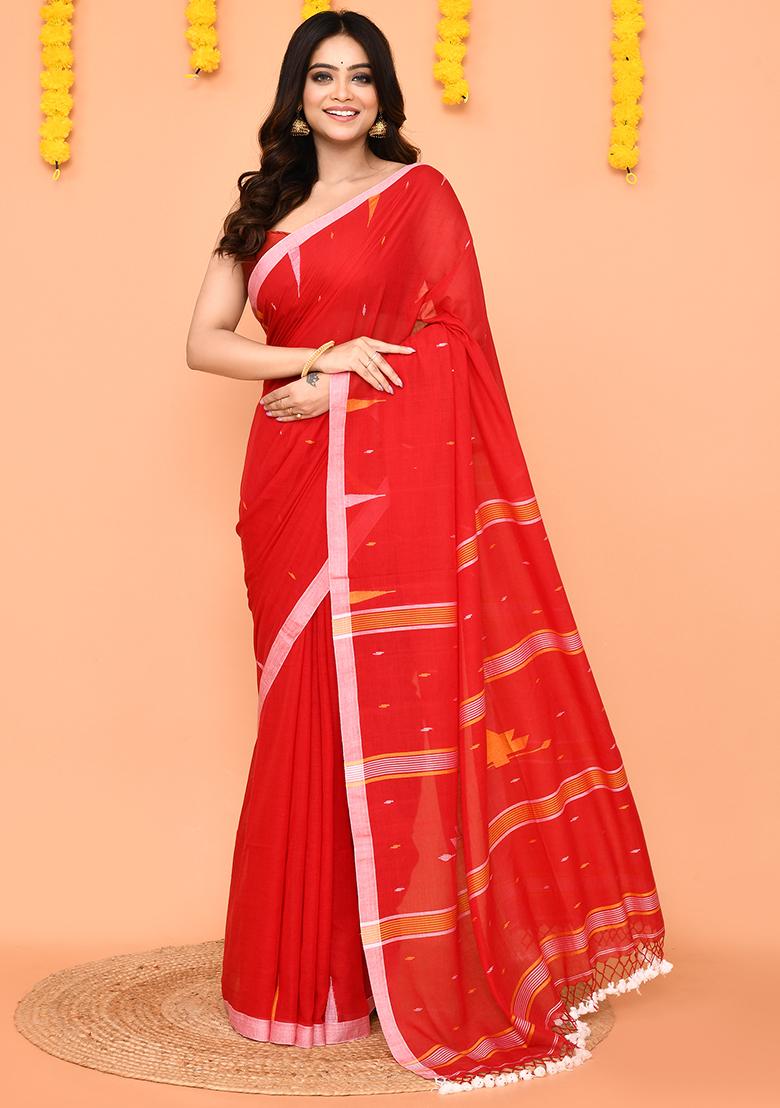 Red Jamdani Mul Cotton Saree Set
