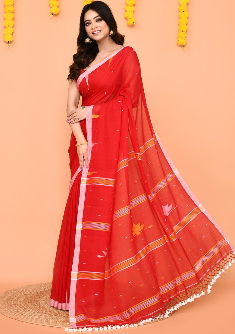 Red Jamdani Mul Cotton Saree Set