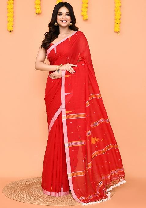 Red Jamdani Mul Cotton Saree Set
