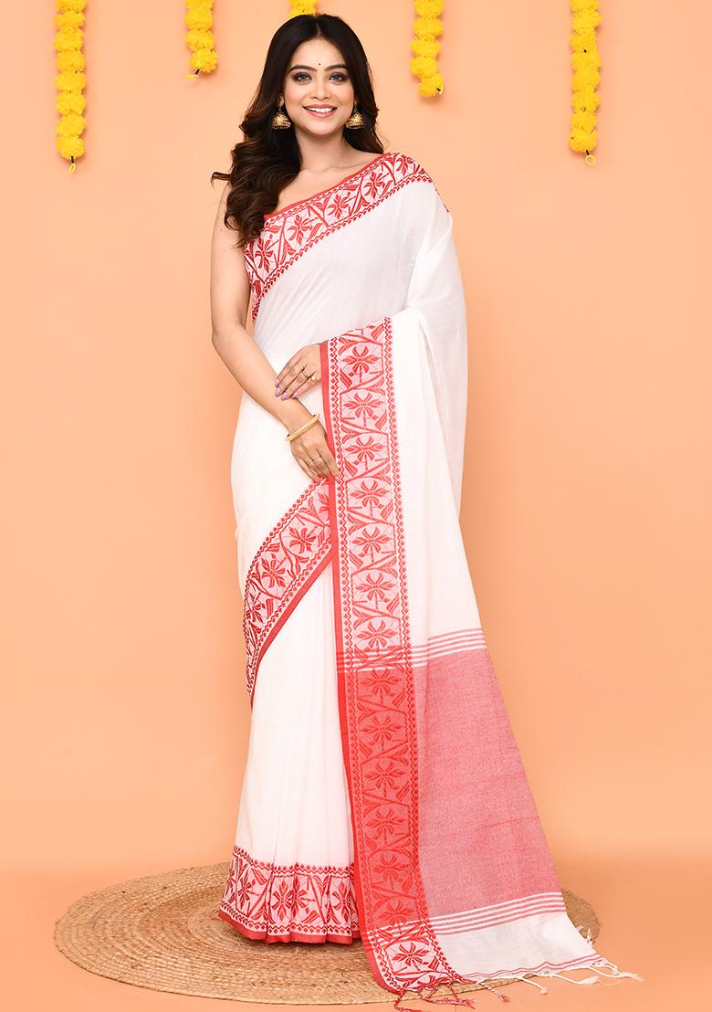 White Handloom Cotton Saree Set