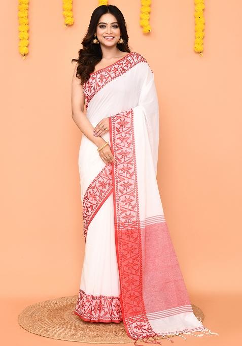 White Handloom Cotton Saree Set