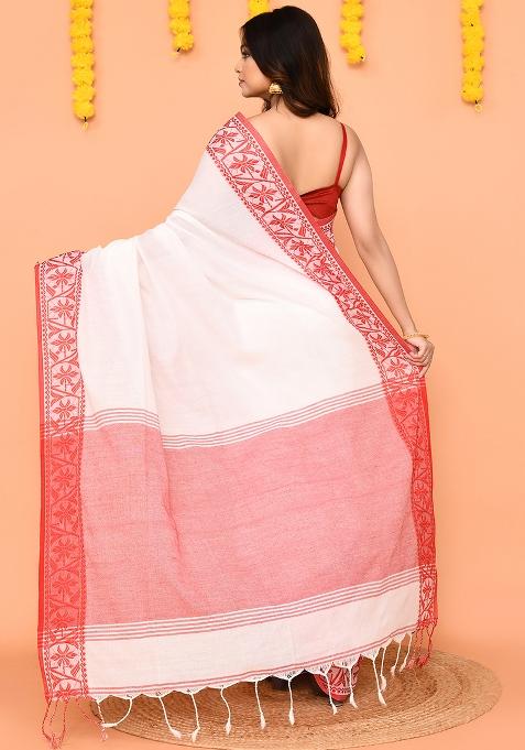 White Handloom Cotton Saree Set