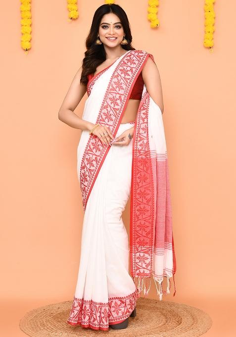 White Handloom Cotton Saree Set