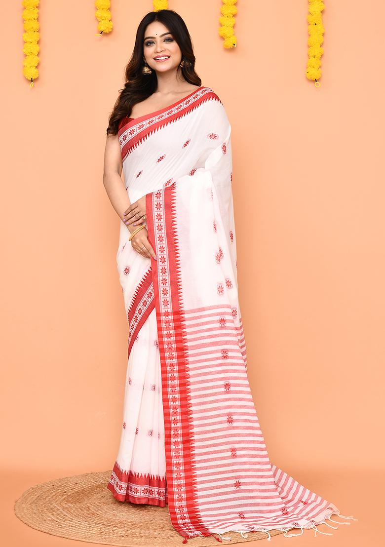 White Handloom Cotton Saree Set