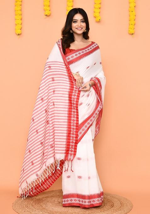 White Handloom Cotton Saree Set