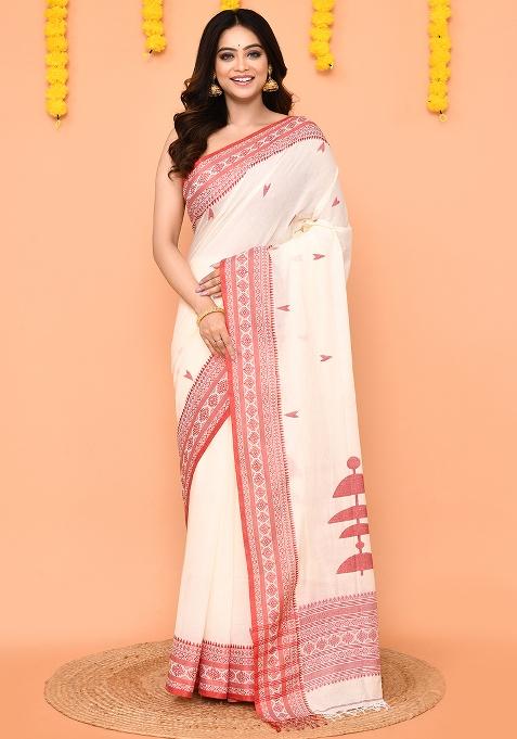 White Jamdani Cotton Saree Set