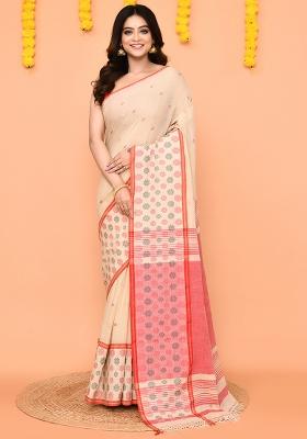 Beige Handloom Cotton Saree Set