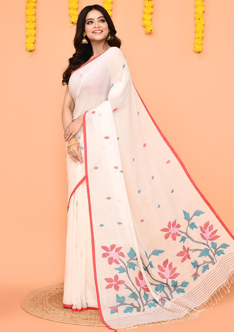 White Jamdani Cotton Saree Set