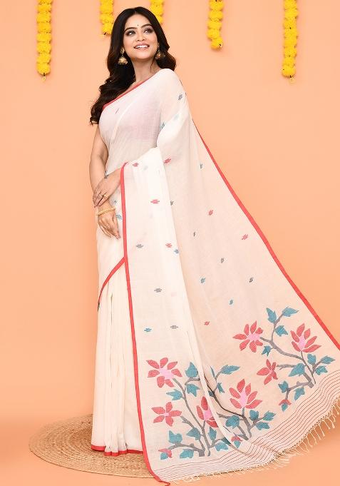 White Jamdani Cotton Saree Set