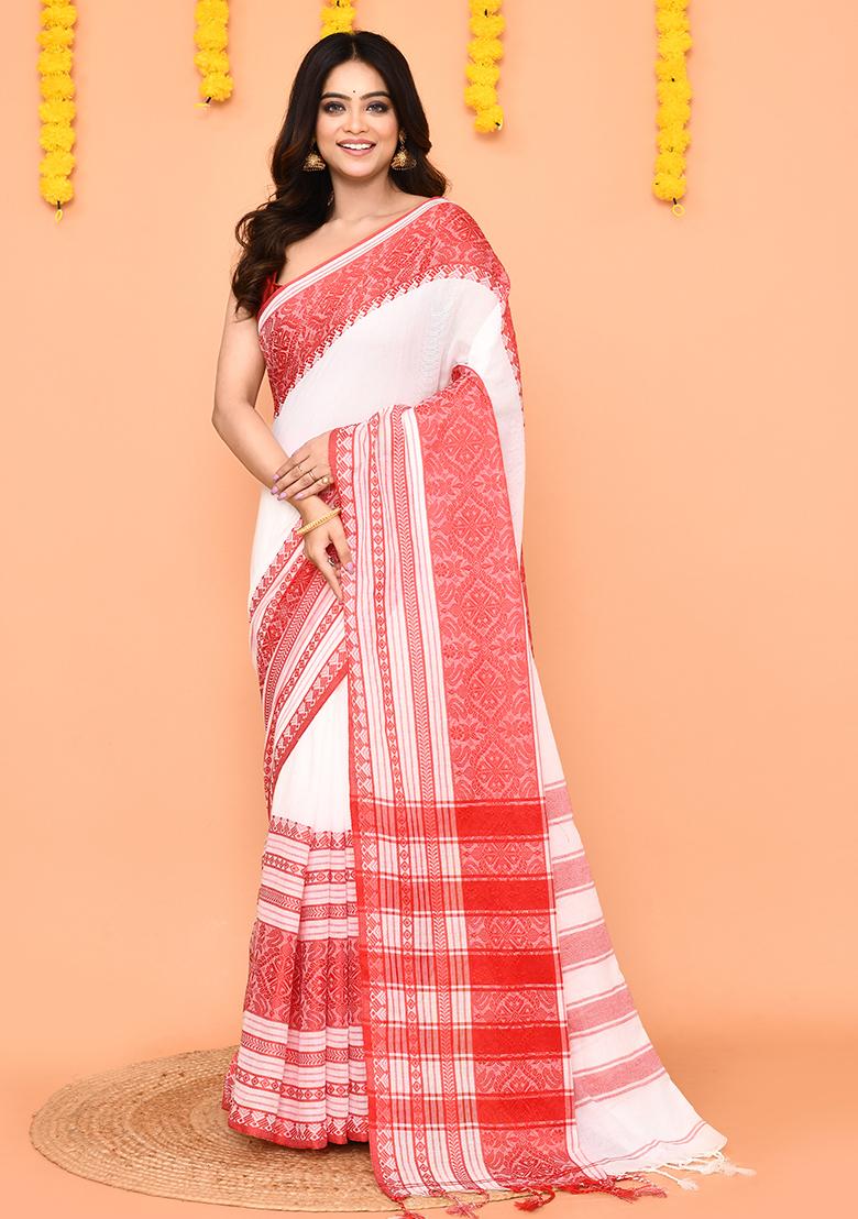White Handloom Cotton Saree Set