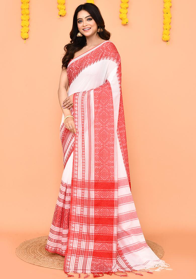 White Handloom Cotton Saree Set