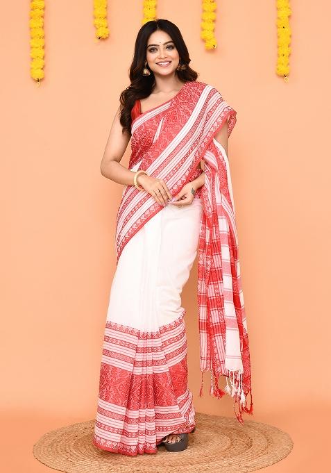 White Handloom Cotton Saree Set