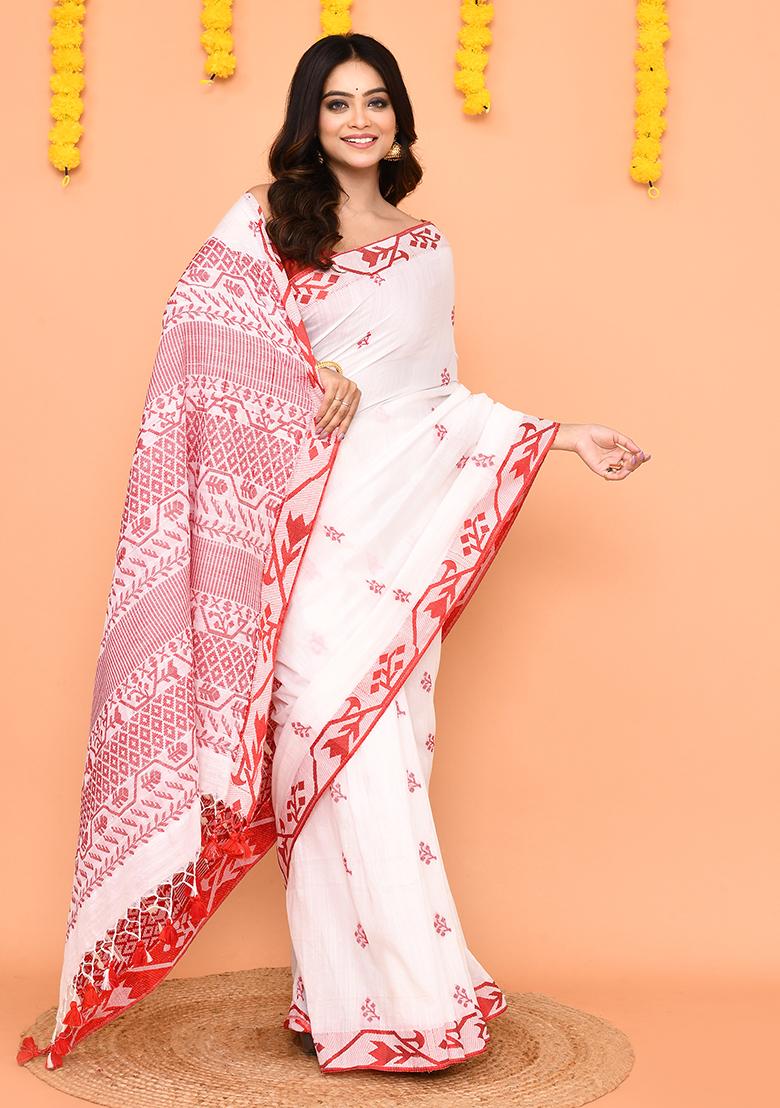 White Handloom Cotton Saree Set