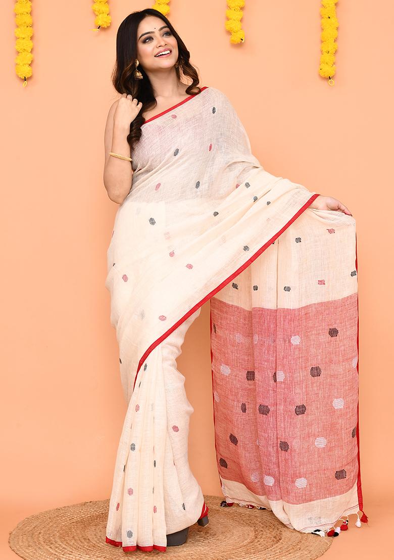 Off White Jamdani Linen Saree Set