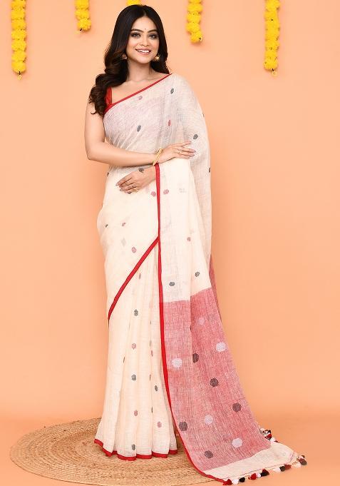Off White Jamdani Linen Saree Set