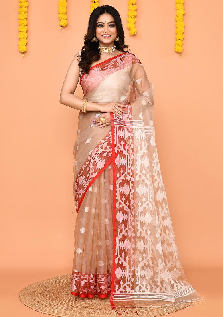 Tan Jamdani Silk Saree Set