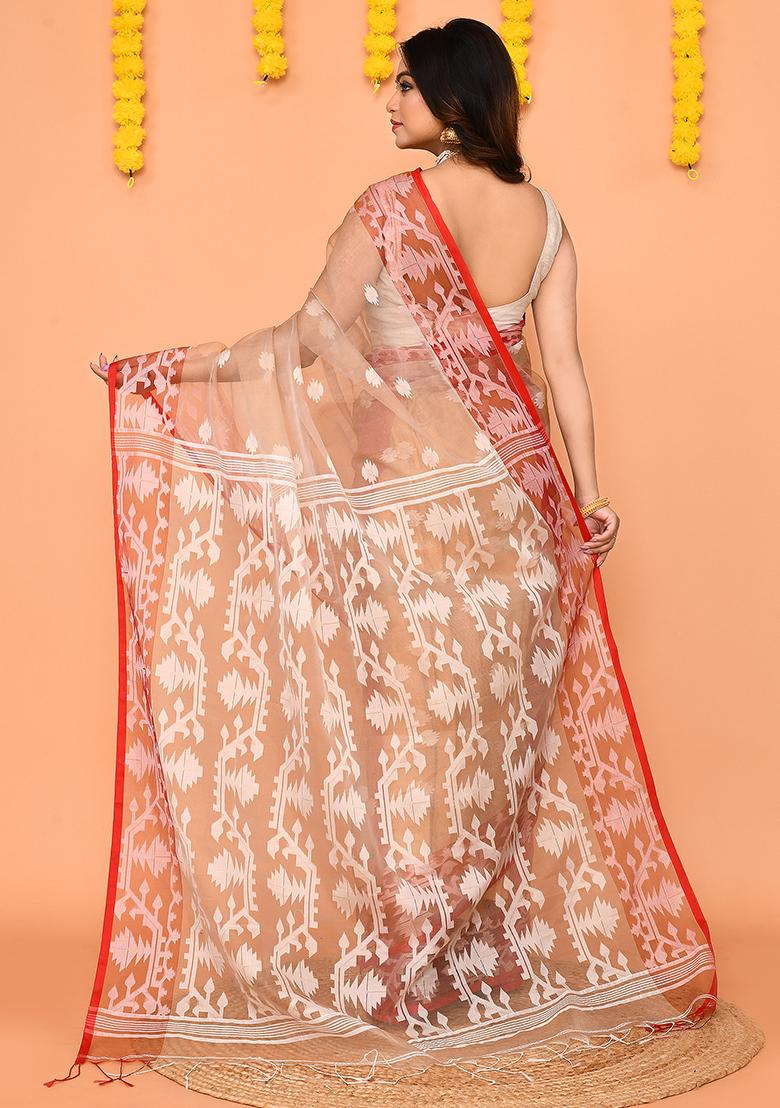 Tan Jamdani Silk Saree Set