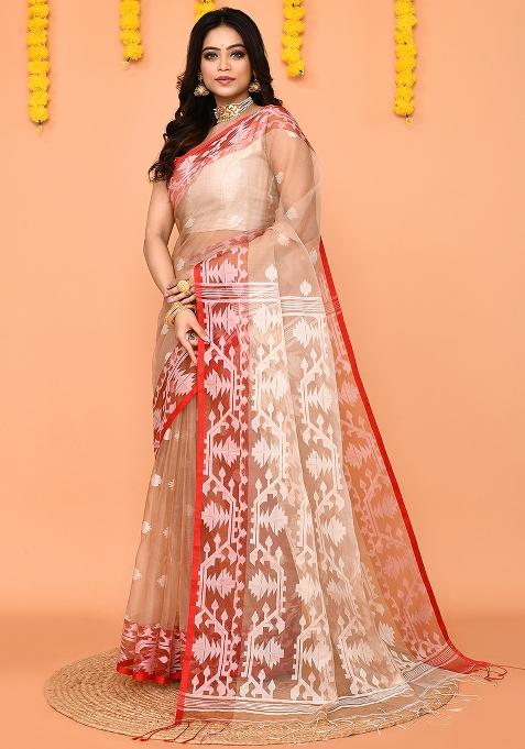 Tan Jamdani Silk Saree Set