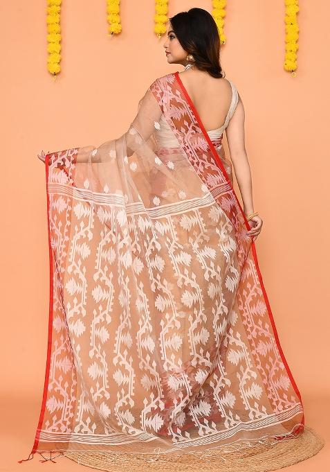Tan Jamdani Silk Saree Set