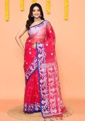 Rani Pink Jamdani Silk Saree Set