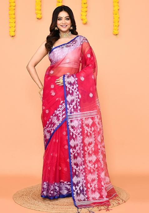 Rani Pink Jamdani Silk Saree Set