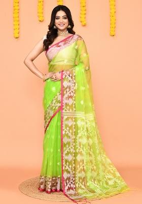 Lime Jamdani Silk Saree Set