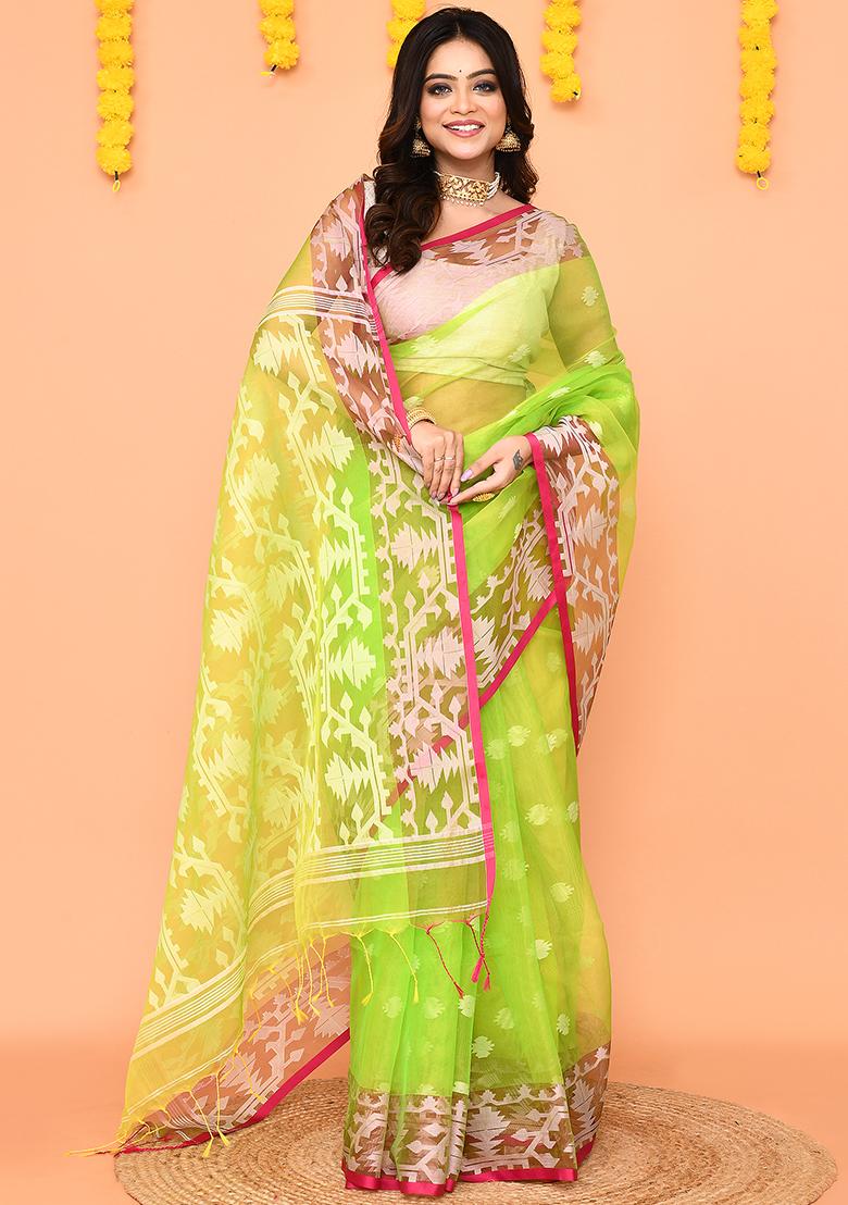 Lime Jamdani Silk Saree Set - Indya