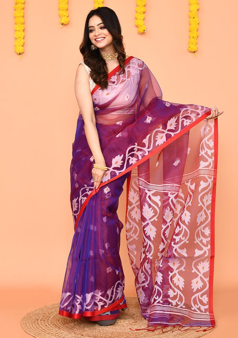 Purple Jamdani Silk Saree Set