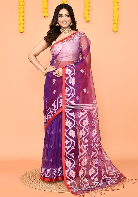 Purple Jamdani Silk Saree Set