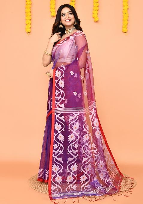 Purple Jamdani Silk Saree Set