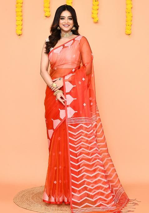 Orange Jamdani Silk Saree Set