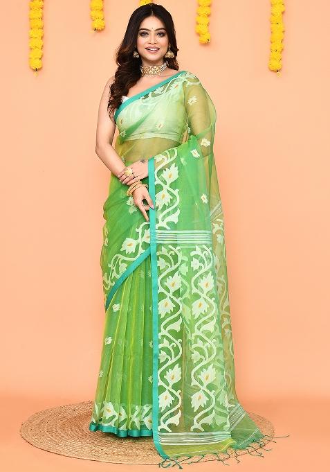 Green Jamdani Silk Saree Set