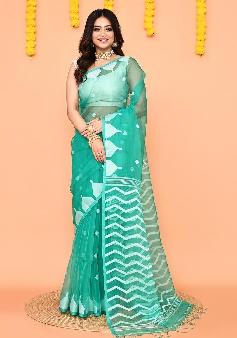 Turquoise Jamdani Silk Saree Set