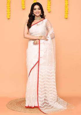 White Jamdani Silk Saree Set