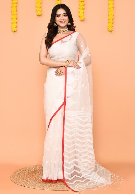 White Jamdani Silk Saree Set