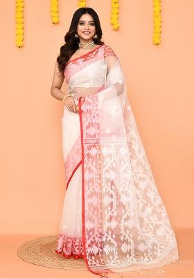 White Jamdani Silk Saree Set