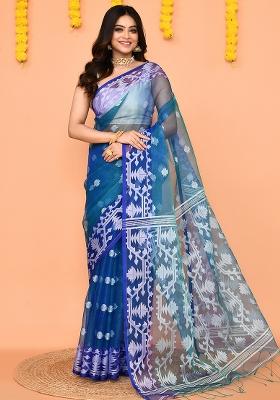 Blue Jamdani Silk Saree Set