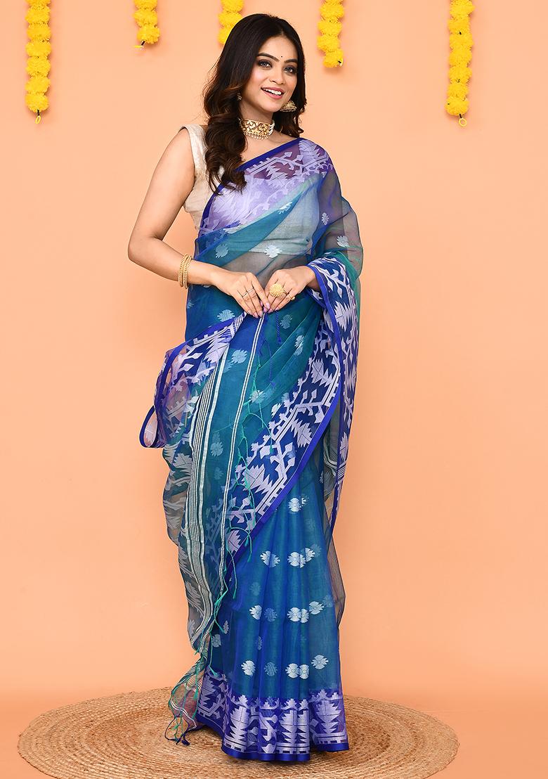 Blue Jamdani Silk Saree Set - Indya