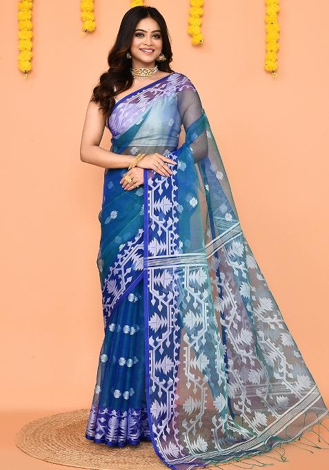 Blue Jamdani Silk Saree Set