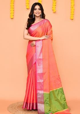 Pink Orange Handloom Silk Saree Set