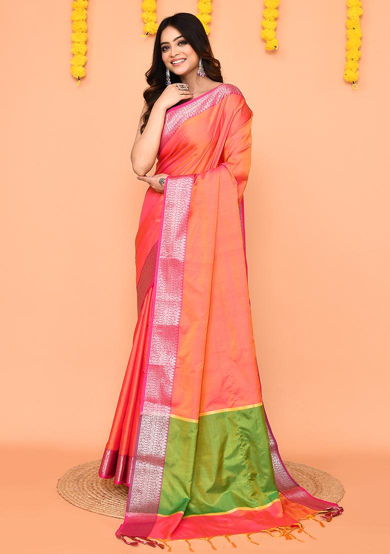 Pink Orange Handloom Silk Saree Set